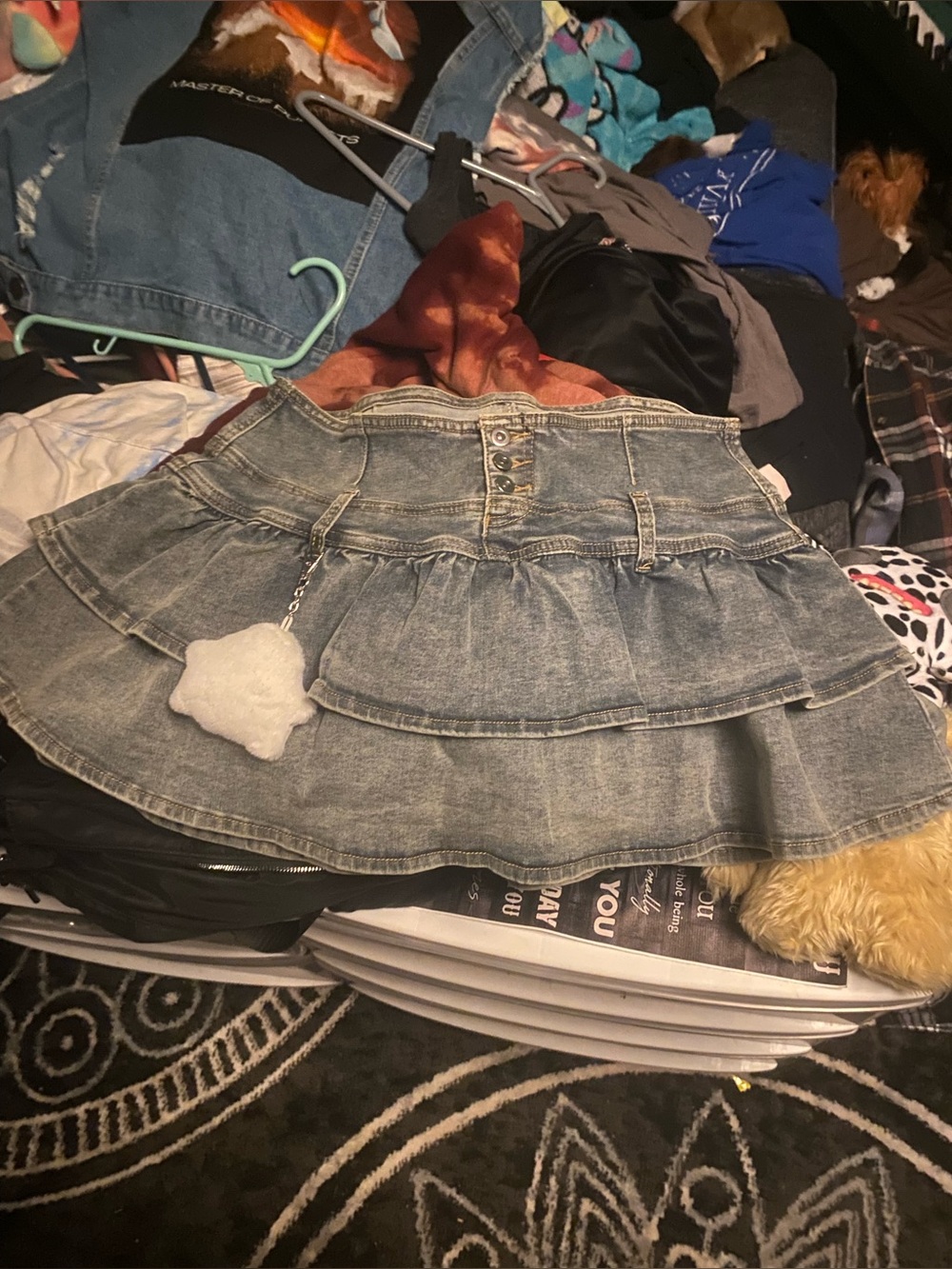 Tiered Denim Mini Skirt with Star Charm - Blue